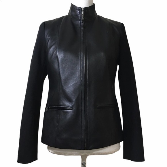 Talbots Black Leather-Front Motorcycle Jacket 2 - Picture 2 of 11